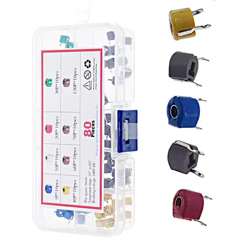 80Pcs 8value *10pcs 6mm 5pf 10pf 20pf 30pf 40pf 60pf 70pf 120P Adjustable Capacitor Variable Capacitor DIY Mixed Box kit
