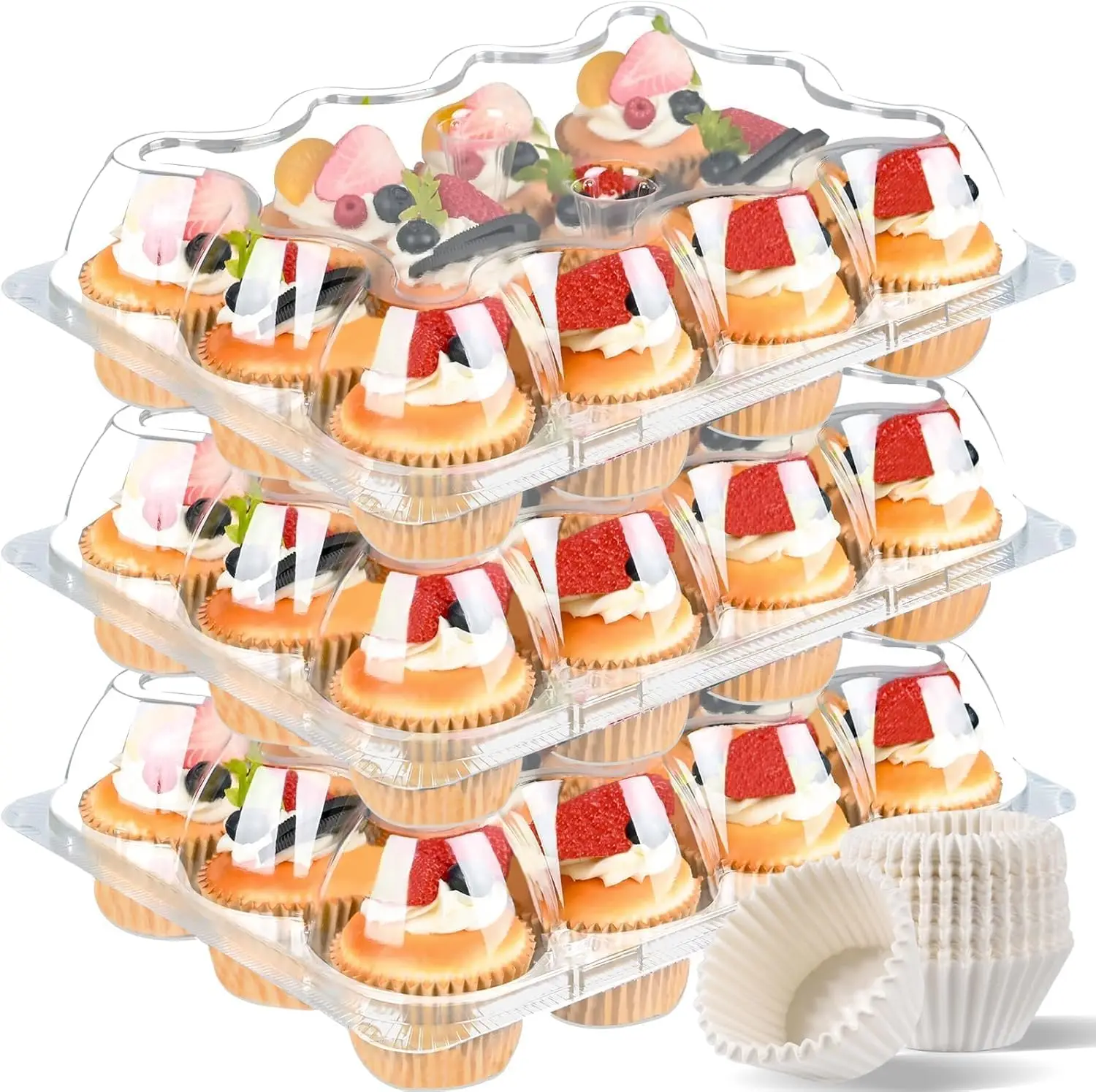 Plastic Cupcake Containers 12 Count, Stackable Cupcake Boxes with Tall Dome Lid, Disposable Cupcake Carrier Trays Include 150 Liners
Plastic Cupcake Containers 12 Count, Stackable Cupcake Boxes with Tall Dome Lid, Disposable Cupcake Carrier Trays Include 150 Liners