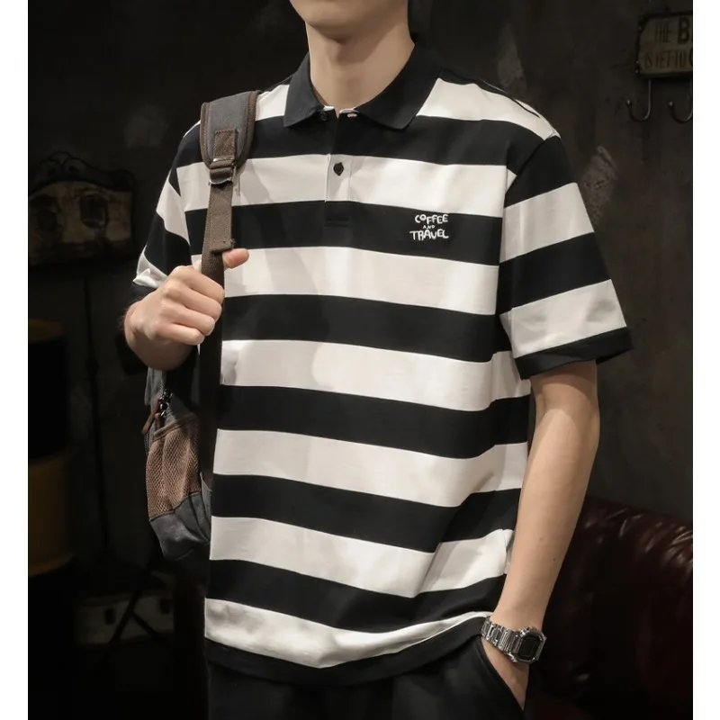 American classic black and white striped short-sleeved T-shirt POLO shirt men's lapel casual loose men's summer half-sleeved top
American classic black and white striped short-sleeved T-shirt POLO shirt men's lapel casual loose men's summer half-sleeved top