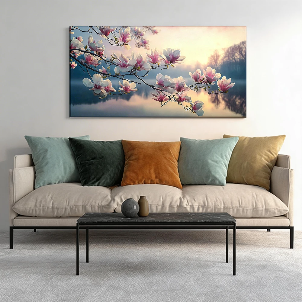 Large-sized solid wood frame canvas painting 1pc Magnolia blossoms, lake at sunset.
Large-sized solid wood frame canvas painting 1pc Magnolia blossoms, lake at sunset.