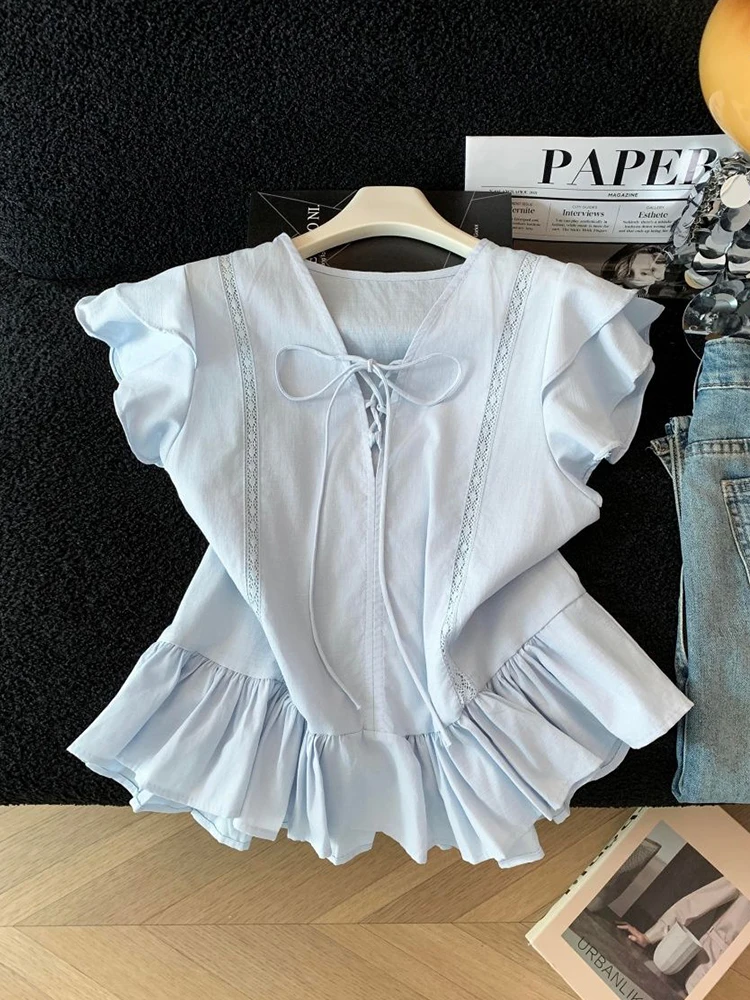 Sweet Ruffles Shirts Women Summer V Neck Patchwork Lace Up Slim Fit Blouse Korean Kawaii Butterfly Sleeve Preppy Casual Tops
Sweet Ruffles Shirts Women Summer V Neck Patchwork Lace Up Slim Fit Blouse Korean Kawaii Butterfly Sleeve Preppy Casual Tops