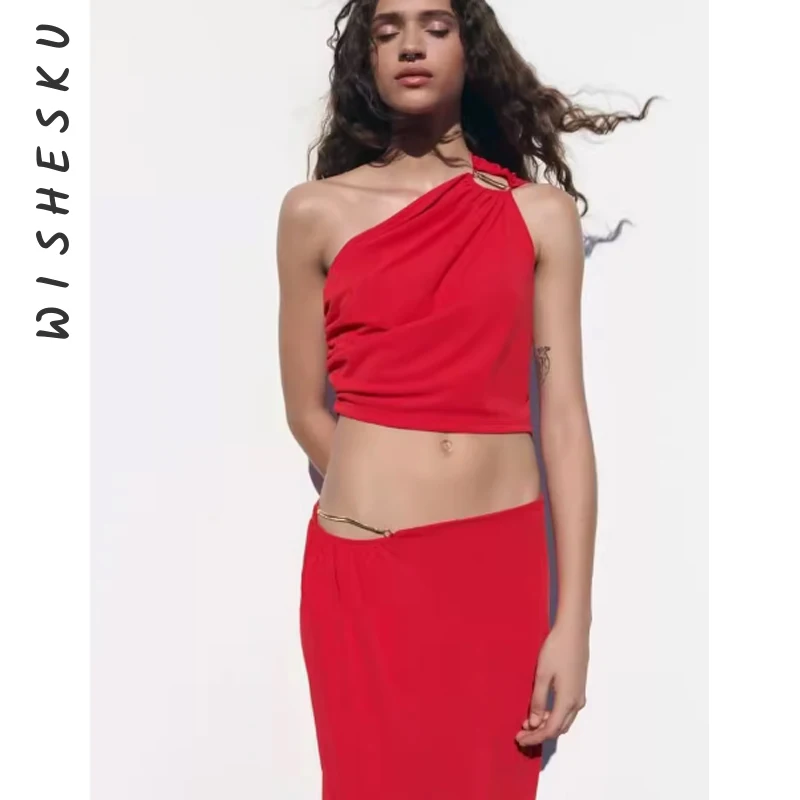 Ruched Low Rise Slit Long Skirt Outfits for Women Club Party Sleeveless Asymmetric Chain Lace Up Top 2 Piece Set 2025 Summer
Ruched Low Rise Slit Long Skirt Outfits for Women Club Party Sleeveless Asymmetric Chain Lace Up Top 2 Piece Set 2025 Summer