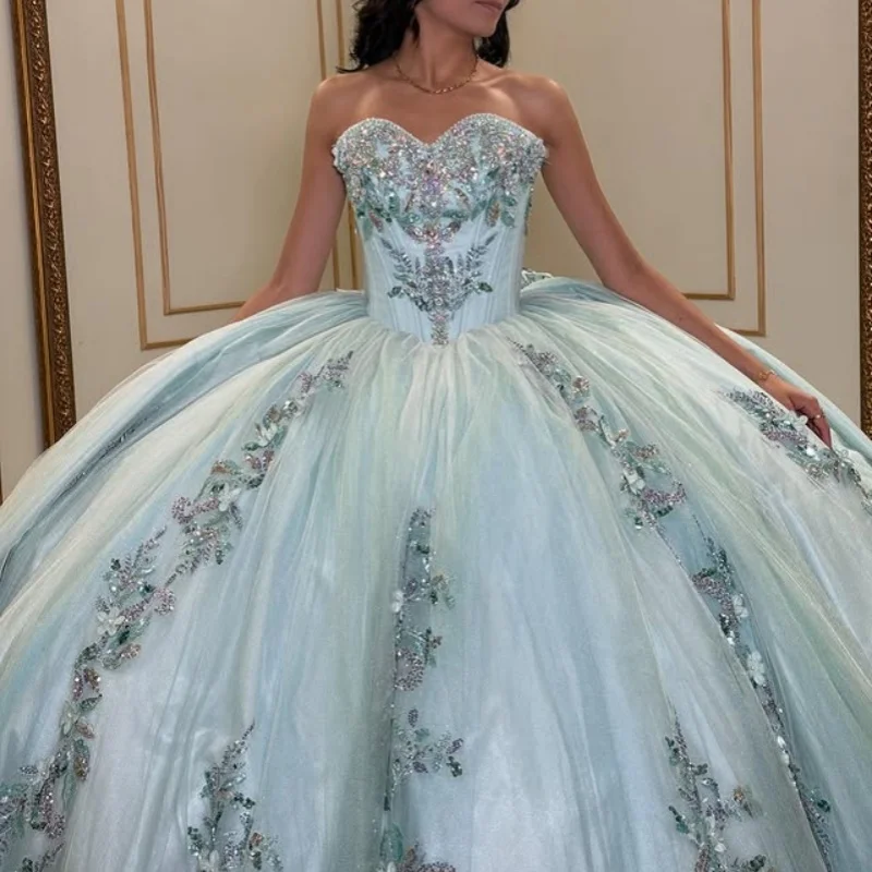 light blue Quinceanera Dress off-shoulder Lace crystal flower decal Long tail vestidos de 15 Quinceanera Customize
light blue Quinceanera Dress off-shoulder Lace crystal flower decal Long tail vestidos de 15 Quinceanera Customize