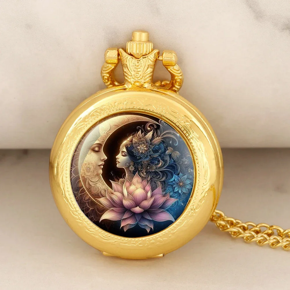 Moon Fairy Design Gold Quartz Pocket Watch with Arabic Numeral Dial Watch Necklace with Chain Men and Women Creative Gifts
Moon Fairy Design Gold Quartz Pocket Watch with Arabic Numeral Dial Watch Necklace with Chain Men and Women Creative Gifts