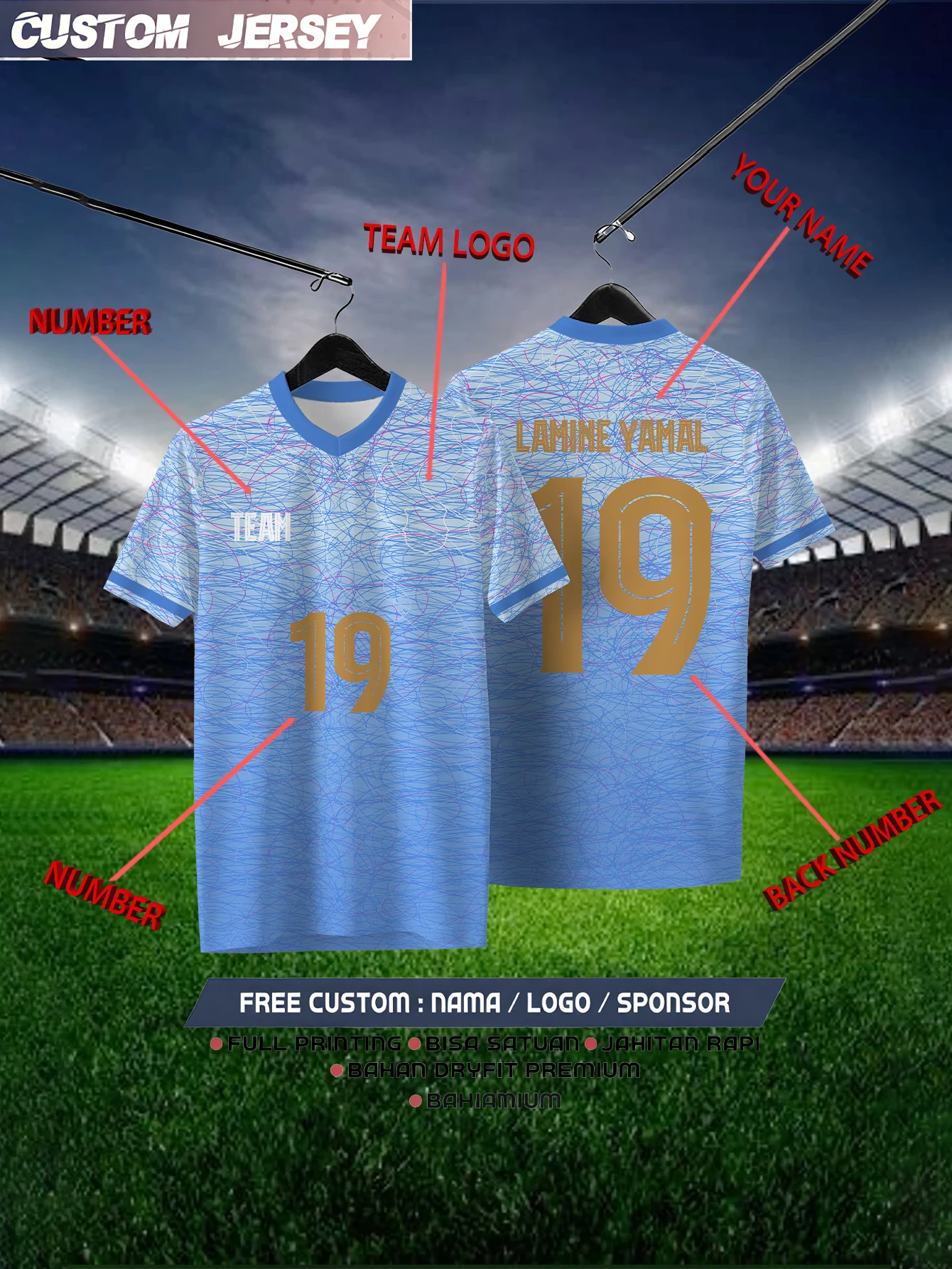 Customized Geometric Blue Short Sleeved Shirt with Team Name, Emblem, Name and Number, Outdoor Sports Short Sleeved T-shirt
Customized Geometric Blue Short Sleeved Shirt with Team Name, Emblem, Name and Number, Outdoor Sports Short Sleeved T-shirt