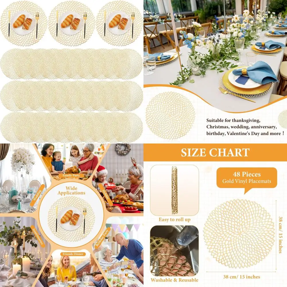 Gold Round Vinyl Placemats 15 Inch Hollow Out Pressed, Bulk Non Slip Washable PVC Chargers for Table Settings
Gold Round Vinyl Placemats 15 Inch Hollow Out Pressed, Bulk Non Slip Washable PVC Chargers for Table Settings
