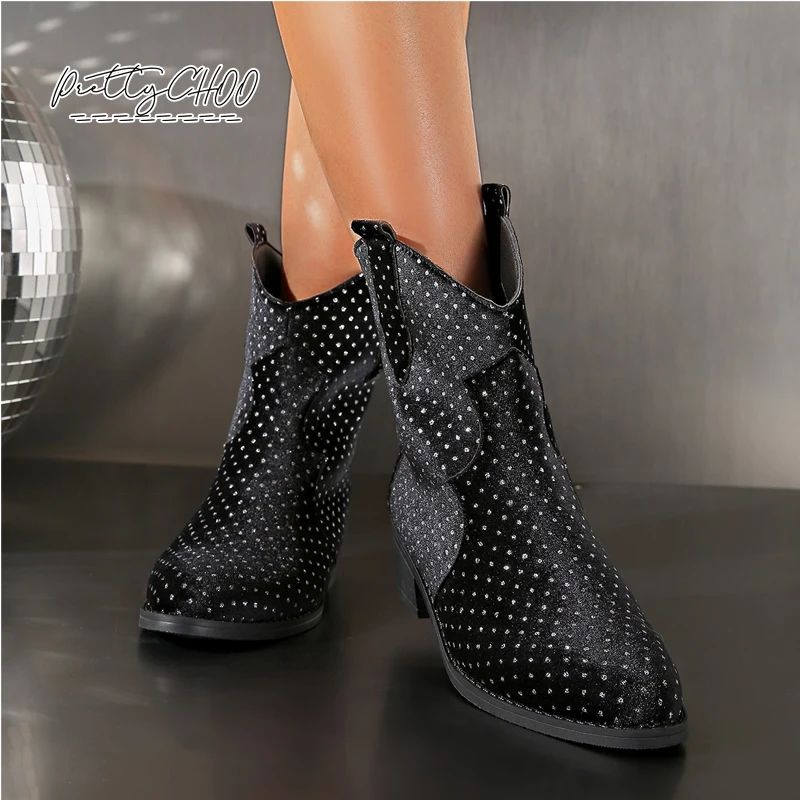 Luxury Rhinestone Velvet Western Boots Woman Elegant Brand Design Velour Ankle Booties Ladies Middle Heel Point Toe Bling Botas
Luxury Rhinestone Velvet Western Boots Woman Elegant Brand Design Velour Ankle Booties Ladies Middle Heel Point Toe Bling Botas