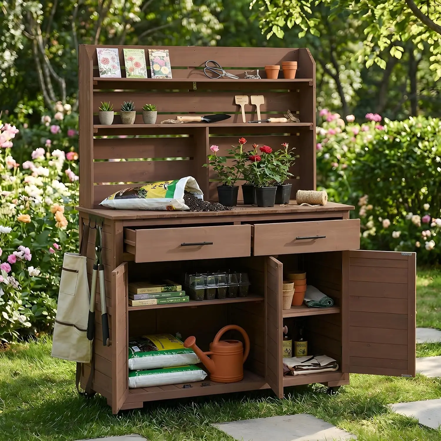 Farmhouse Outdoor Potting Bench Table, 65''H Fir Wood Garden Wookstation with Storage Shelves, Drawers and, Customized
Farmhouse Outdoor Potting Bench Table, 65''H Fir Wood Garden Wookstation with Storage Shelves, Drawers and, Customized
