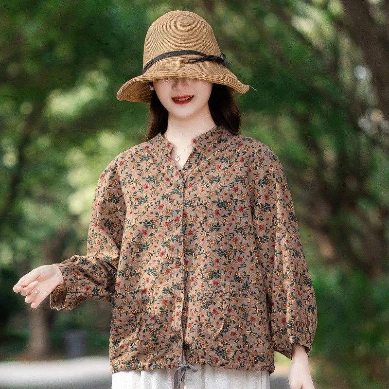 Women Floral Print Cotton Linen Shirt Stand Collar Lantern Sleeve Casual Summer Blouse
Women Floral Print Cotton Linen Shirt Stand Collar Lantern Sleeve Casual Summer Blouse