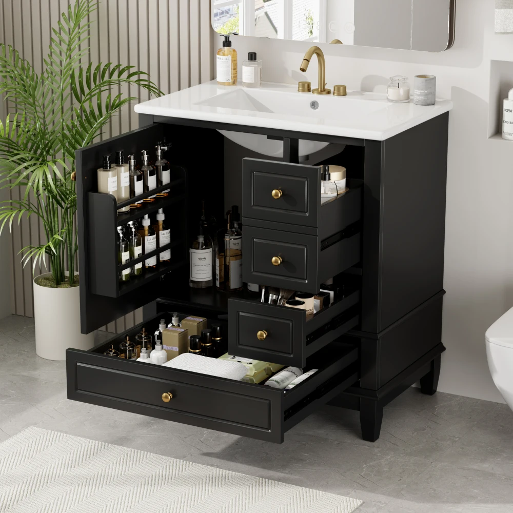 30" Bathroom Vanity with Sink, One Door with Shelf and Three Drawers, Soft Close Door, Black
30" Bathroom Vanity with Sink, One Door with Shelf and Three Drawers, Soft Close Door, Black