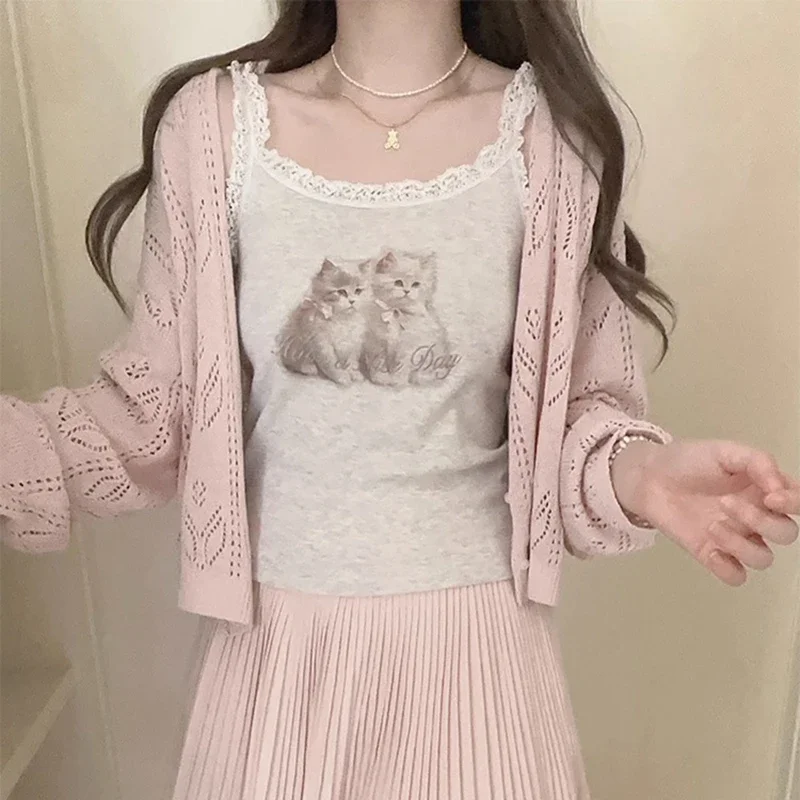 Cute 2 Piece Tops for Sweet Girls Summer Two Cats Print Lace Trim Cropped and Hollow Out Pink Knitted Cardigans Kawaii Clothes
Cute 2 Piece Tops for Sweet Girls Summer Two Cats Print Lace Trim Cropped and Hollow Out Pink Knitted Cardigans Kawaii Clothes