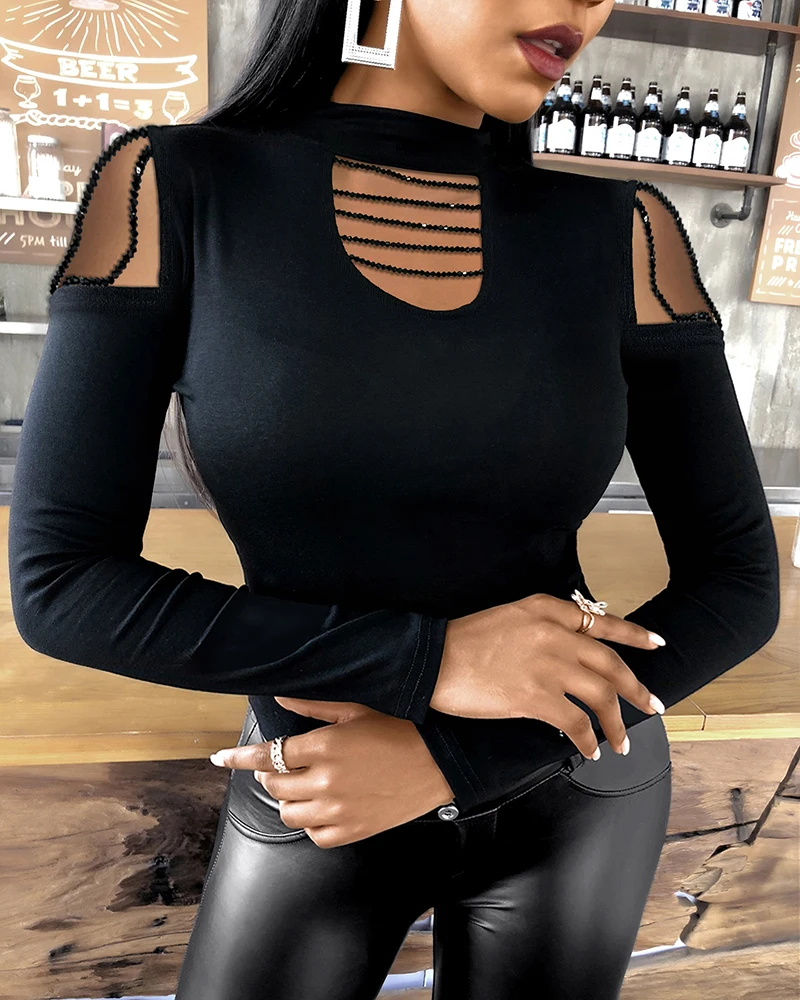 Cold Shoulder Hollow Bead Belt Top Slim Fit Shirt T-Shirt for Women In Spring, Thin and Elegant Slim Fit Long Sleeved Top
Cold Shoulder Hollow Bead Belt Top Slim Fit Shirt T-Shirt for Women In Spring, Thin and Elegant Slim Fit Long Sleeved Top