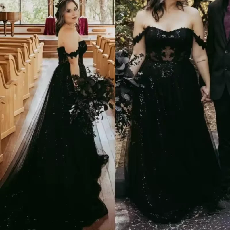 Sparkly Black Sequined Wedding Dress Lace Appliques Spaghetti Straps Long Gothic Bridal Gown Customized
Sparkly Black Sequined Wedding Dress Lace Appliques Spaghetti Straps Long Gothic Bridal Gown Customized