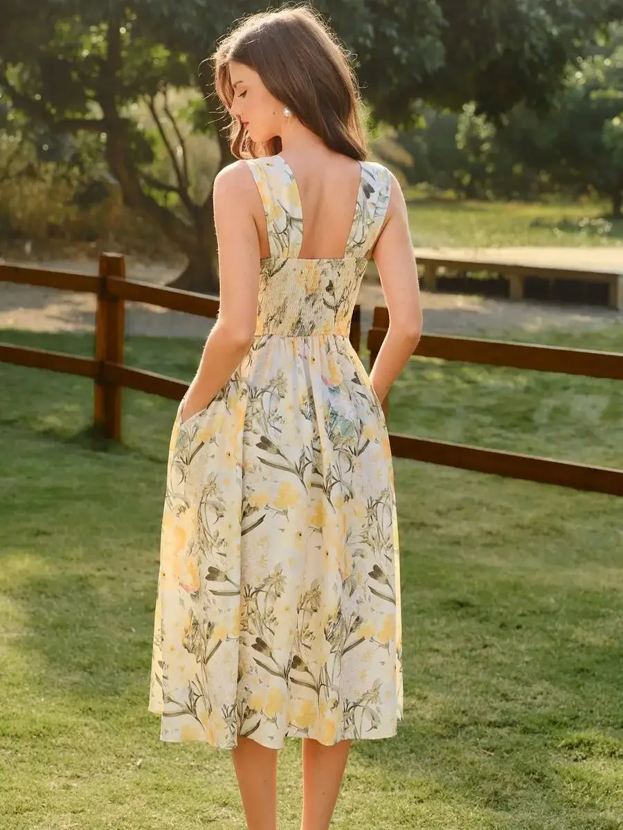 Vintage Floral Print Womens Dress With Pockets Sleeveless A-Line Knee-Length Casual Summer Dress
Vintage Floral Print Womens Dress With Pockets Sleeveless A-Line Knee-Length Casual Summer Dress