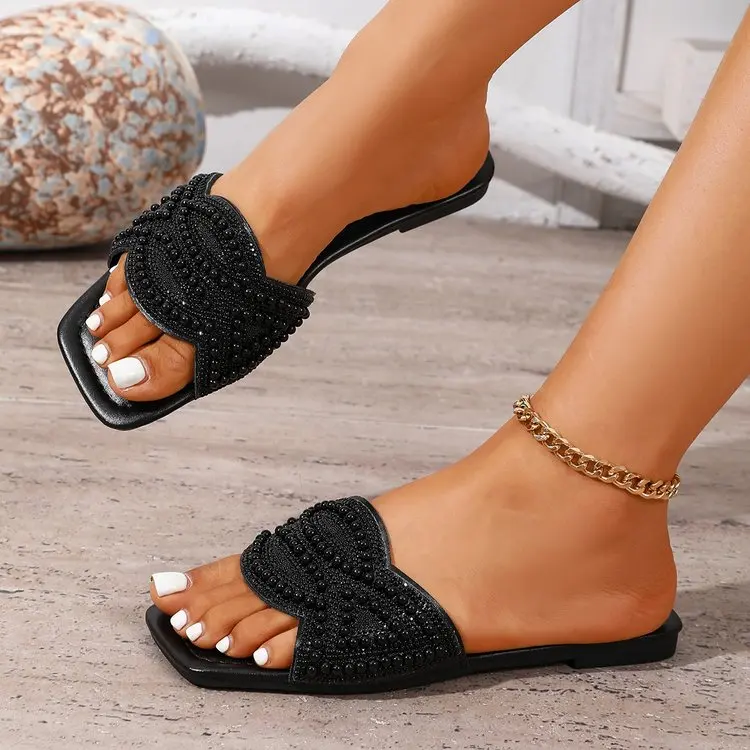 Summer Women Slippers 2026 New Fashionable Luxury Rhinestones Comfortable Female Shoes Square Toe Flat Lightweight Sandals 40