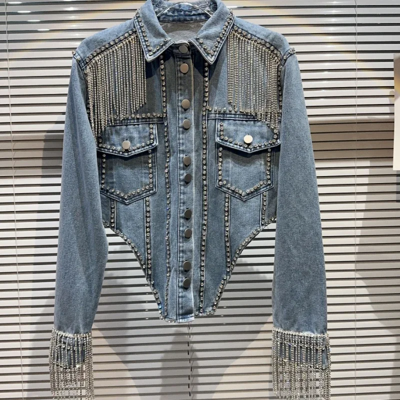 Spicy Girl Streetwear Rhinestoness Tassels Beaded Denim Coat Bareback Diamonds Fringed Jeans Jacket Crystal Cardigan Jaquetas
Spicy Girl Streetwear Rhinestoness Tassels Beaded Denim Coat Bareback Diamonds Fringed Jeans Jacket Crystal Cardigan Jaquetas
