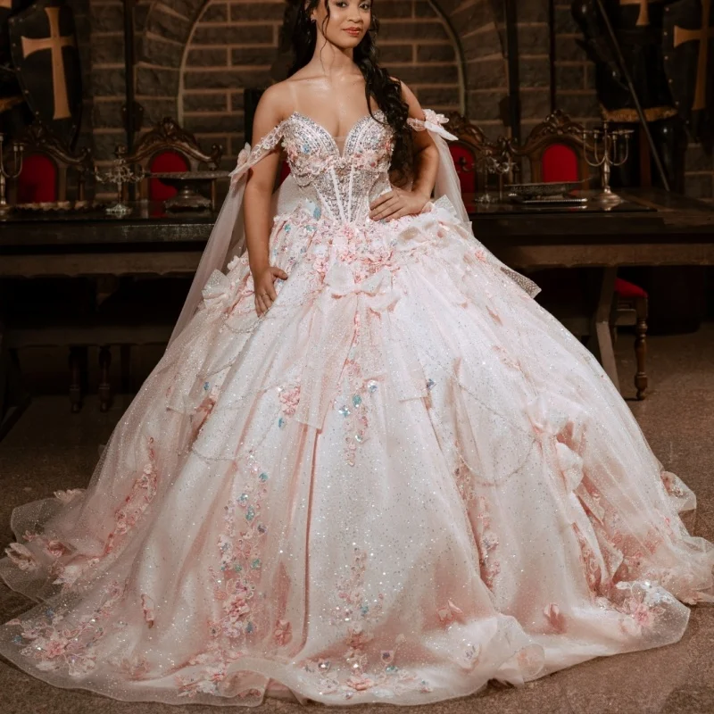 Shiny Light Pink Quinceanera Dress Golden Sequins Crystal 3D Flower Decal Long tail off-shoulder Bow Vestidos De 15 Quinceanera
Shiny Light Pink Quinceanera Dress Golden Sequins Crystal 3D Flower Decal Long tail off-shoulder Bow Vestidos De 15 Quinceanera