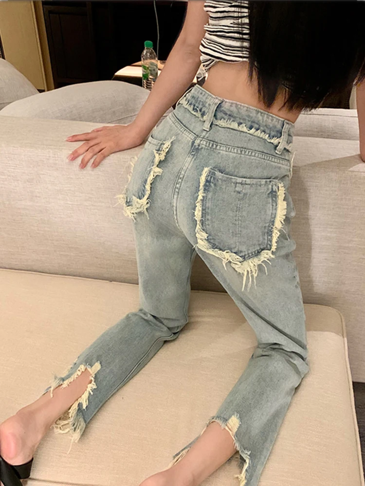 Ripped Jeans Women Summer Chic Fashion Straight All-match Streetwear Personality Washed Teens Ankle-length Casual Korean Style
Ripped Jeans Women Summer Chic Fashion Straight All-match Streetwear Personality Washed Teens Ankle-length Casual Korean Style