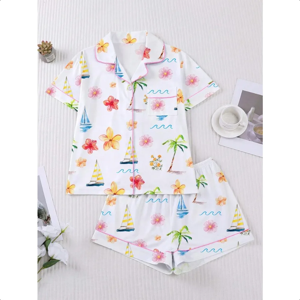Women Hawaiian Flower Sailboat Print 2Pcs Set, Shirt Collar Button Top with Elastic Waist Shorts, Casual All-Season Loungewear
Women Hawaiian Flower Sailboat Print 2Pcs Set, Shirt Collar Button Top with Elastic Waist Shorts, Casual All-Season Loungewear