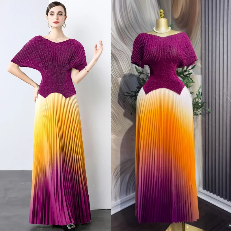 Womens Fashion Short Batwing Sleeves Irregular Hem T-shirt New Gradient A-line Pleated Long Skirt Two Pieces Set
Womens Fashion Short Batwing Sleeves Irregular Hem T-shirt New Gradient A-line Pleated Long Skirt Two Pieces Set