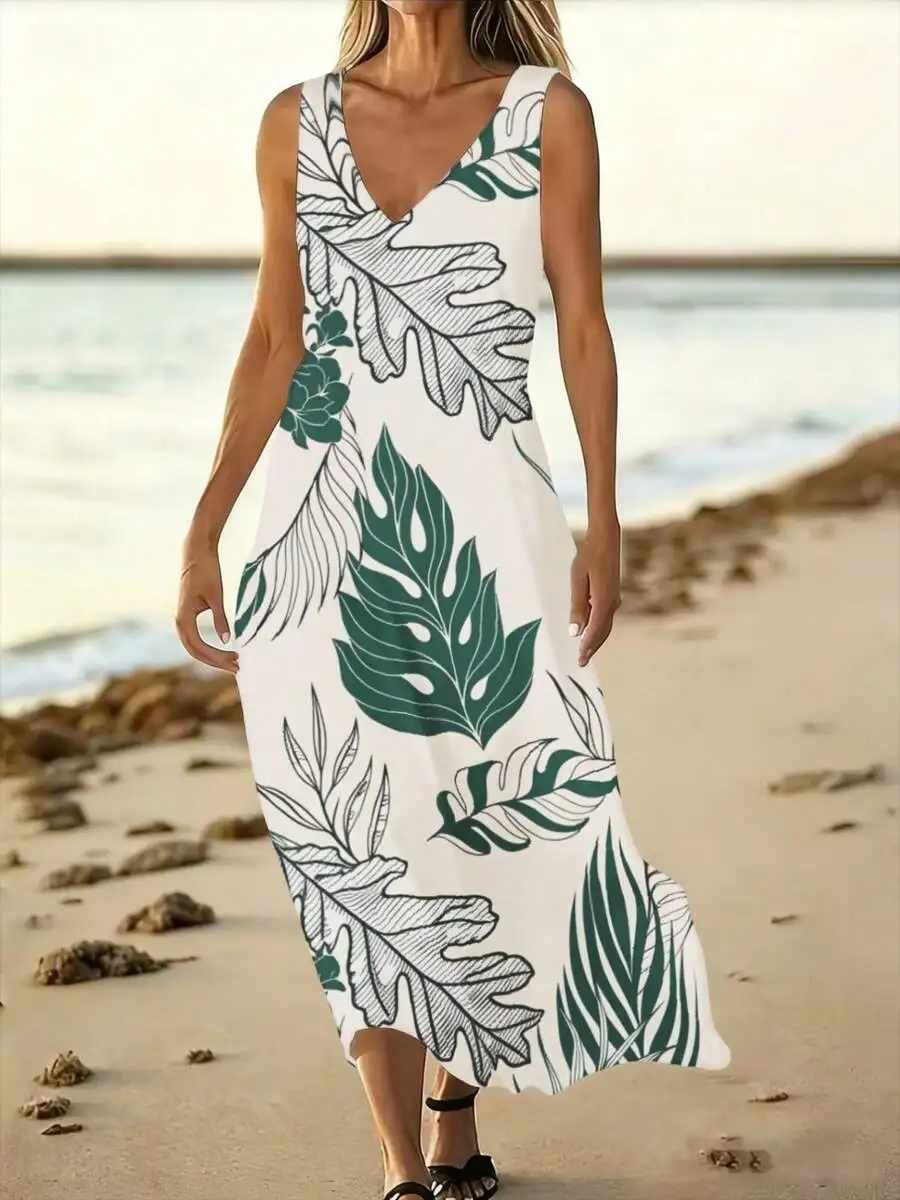 Casual Sleeveless V Neck Long Dress Tropical Leaf Print Beach Dress For Women Summer Vacation
Casual Sleeveless V Neck Long Dress Tropical Leaf Print Beach Dress For Women Summer Vacation