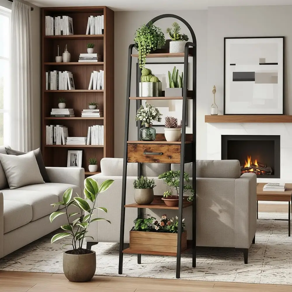 5-Tier Ladder Bookshelf, Tall Metal Frame, Suitable for Living Room, Home Office, Study, and Balcony, Rustic Brown and Black
5-Tier Ladder Bookshelf, Tall Metal Frame, Suitable for Living Room, Home Office, Study, and Balcony, Rustic Brown and Black