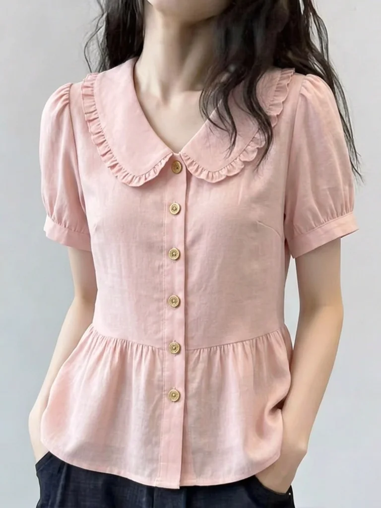 Pink Doll Collar Short Sleeve Shirt Women's Fashion Korean Style Bubble Sleeve Loose Fit Commute Wind Summer New Arrival
Pink Doll Collar Short Sleeve Shirt Women's Fashion Korean Style Bubble Sleeve Loose Fit Commute Wind Summer New Arrival