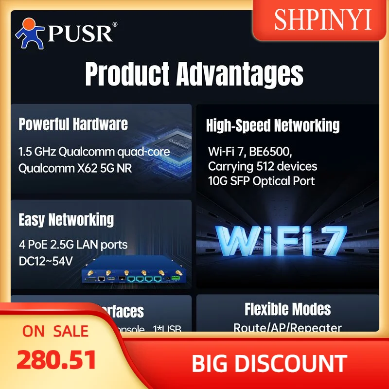 PUSR BE6500 Двухдиапазонный гигабитный маршрутизатор 5G NR WiFi7 с фиксированным беспроводным доступом FWA Qualcomm X62 4 порта PoE 2,5G LAN NR370i
PUSR BE6500 Двухдиапазонный гигабитный маршрутизатор 5G NR WiFi7 с фиксированным беспроводным доступом FWA Qualcomm X62 4 порта PoE 2,5G LAN NR370i