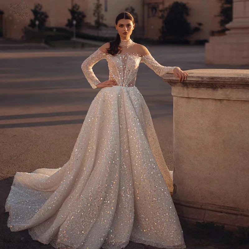 Shiny Chic High-Neck Wedding Dress Lace With Beading A-Line Ball Gown Full Sleeve O-Neck Church Wedding Button Vestido De Novia
Shiny Chic High-Neck Wedding Dress Lace With Beading A-Line Ball Gown Full Sleeve O-Neck Church Wedding Button Vestido De Novia