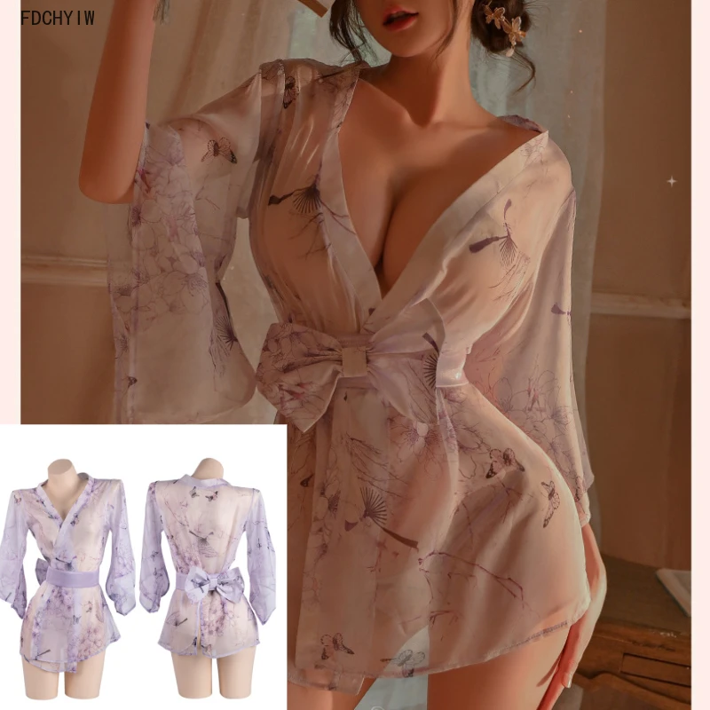Sexy Perspective V-neck Pajamas Butterfly Printed Japanese Kimono Uniform Thin Temptation Nightgown Adult Dancer Cosplay Costume
Sexy Perspective V-neck Pajamas Butterfly Printed Japanese Kimono Uniform Thin Temptation Nightgown Adult Dancer Cosplay Costume