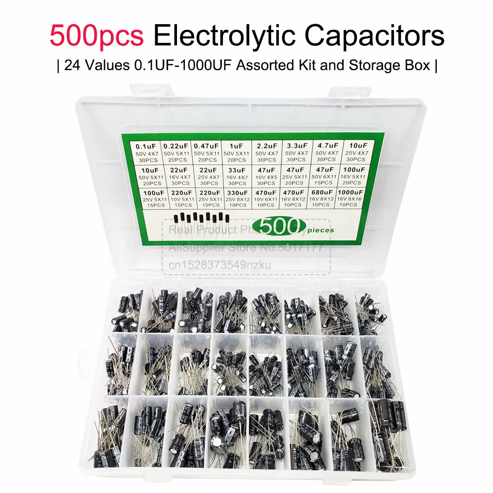 DIY Electrolytic Capacitor 500PCS/LOT Box 0.1UF-1000UF 24Values Aluminum Electrolytic Capacitors Assorted Kit and Storage 16-50V
DIY Electrolytic Capacitor 500PCS/LOT Box 0.1UF-1000UF 24Values Aluminum Electrolytic Capacitors Assorted Kit and Storage 16-50V