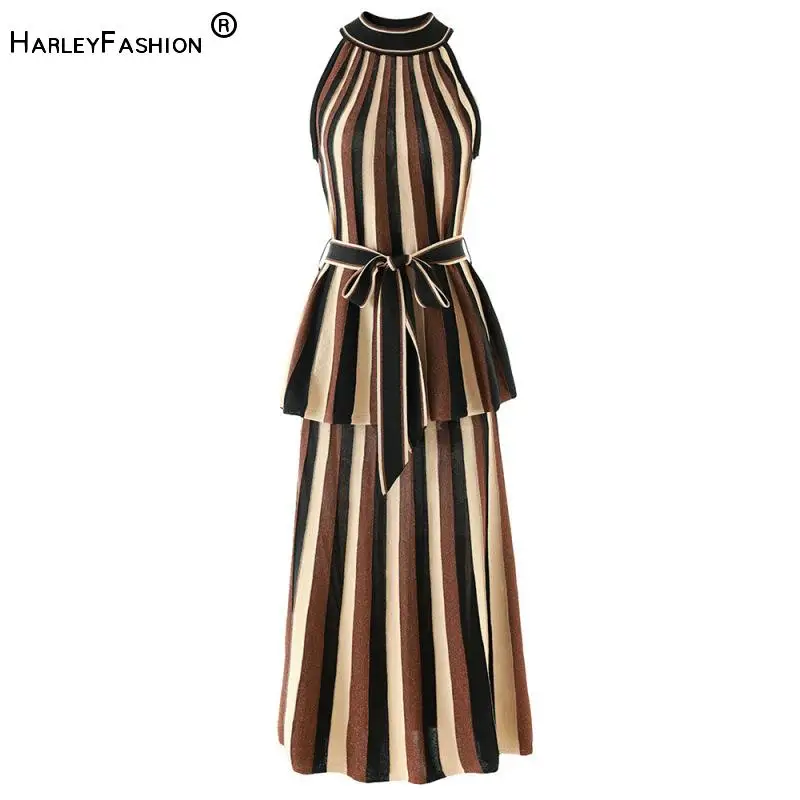 Lady Summer Holiday Colorblock Stripes Suit Halter Sleeveless Tops With Belt Elastic Waist Pleated Long Skirt Women Knits 2Pcs
Lady Summer Holiday Colorblock Stripes Suit Halter Sleeveless Tops With Belt Elastic Waist Pleated Long Skirt Women Knits 2Pcs
