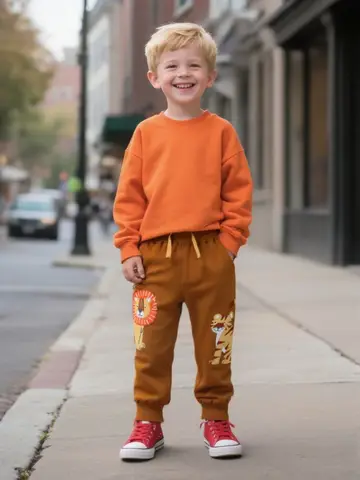 Boys' cotton pants, drawstring, tiger, lion pattern with pockets, brown outdoor casual autumn and winter pants