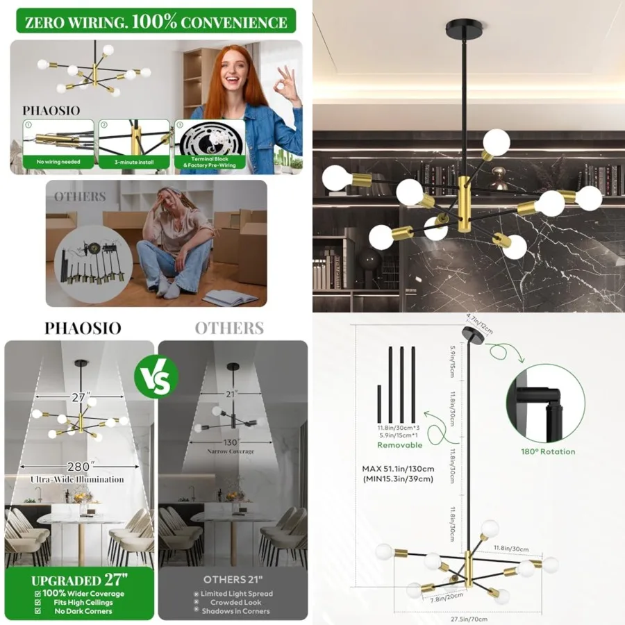 Sputnik Chandelier, Mid Century Modern Height Adjustable Ceiling Light Fixture for Dining Room, Kitchen Island, Living Room, Be
Sputnik Chandelier, Mid Century Modern Height Adjustable Ceiling Light Fixture for Dining Room, Kitchen Island, Living Room, Be