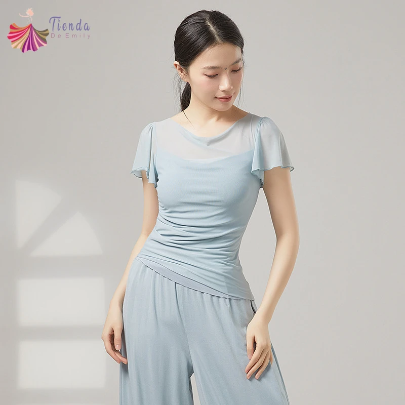Dance Tops Women Modern Practice Blouse Ruffle Short Sleeve Spliced Gauze Mesh T-shirt Stage Costume Summer Slimming Dancewear
Dance Tops Women Modern Practice Blouse Ruffle Short Sleeve Spliced Gauze Mesh T-shirt Stage Costume Summer Slimming Dancewear