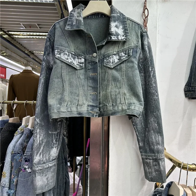 Spring Autumn Hand Paint Graffiti Printing Short Denim Jacket Women Korean Turndown Collar Long Sleeve Jeans Jacket Coat Female
Spring Autumn Hand Paint Graffiti Printing Short Denim Jacket Women Korean Turndown Collar Long Sleeve Jeans Jacket Coat Female