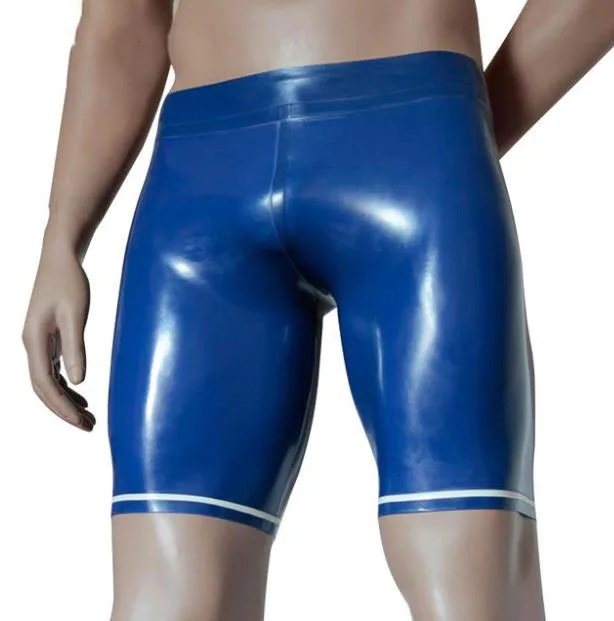 100% handmade shorts men's blue latex underpants with white trims decorations
100% handmade shorts men's blue latex underpants with white trims decorations