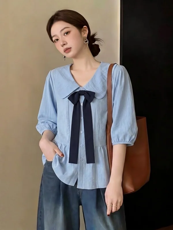 Light Blue Bowknot Doll Collar Short Sleeve Shirt Women's Summer New plus Size Anti-Aging Top Korean Style Loose Fit Commute
Light Blue Bowknot Doll Collar Short Sleeve Shirt Women's Summer New plus Size Anti-Aging Top Korean Style Loose Fit Commute