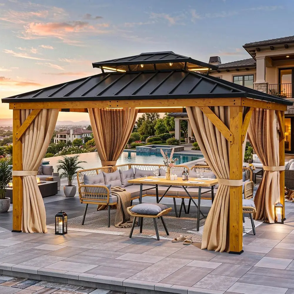 11x13ft Wood Gazebo Outdoor Wooden Frame Double Roof Hardtop Galvanized Steel Top Canopy w/Curtain and Netting, Patio Heavy Duty
11x13ft Wood Gazebo Outdoor Wooden Frame Double Roof Hardtop Galvanized Steel Top Canopy w/Curtain and Netting, Patio Heavy Duty
