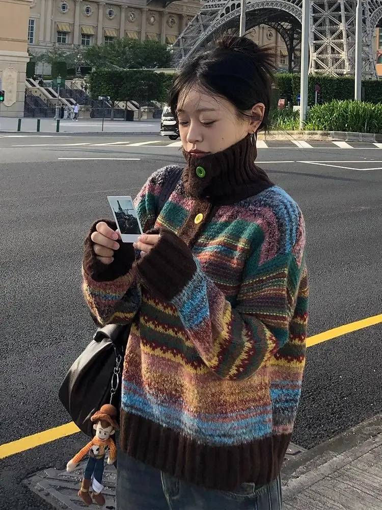2025 Autumn Winter Pullovers Striped Jacquard Turtleneck Long Sleeve Design Sweaters All Match Vintage Loose Women's Clothing
2025 Autumn Winter Pullovers Striped Jacquard Turtleneck Long Sleeve Design Sweaters All Match Vintage Loose Women's Clothing