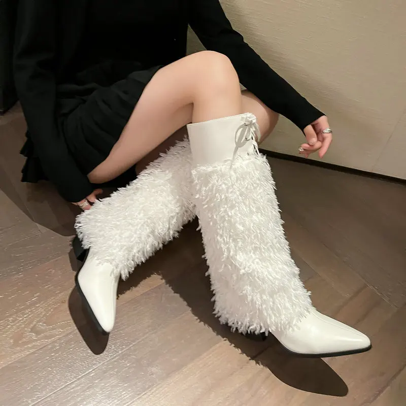 Women Black White Blue Faux Fur Knee High Boots Pointed Toe Chunky Heel Patchwork Long Boots Winter Fashion Warm Shoes
Women Black White Blue Faux Fur Knee High Boots Pointed Toe Chunky Heel Patchwork Long Boots Winter Fashion Warm Shoes
