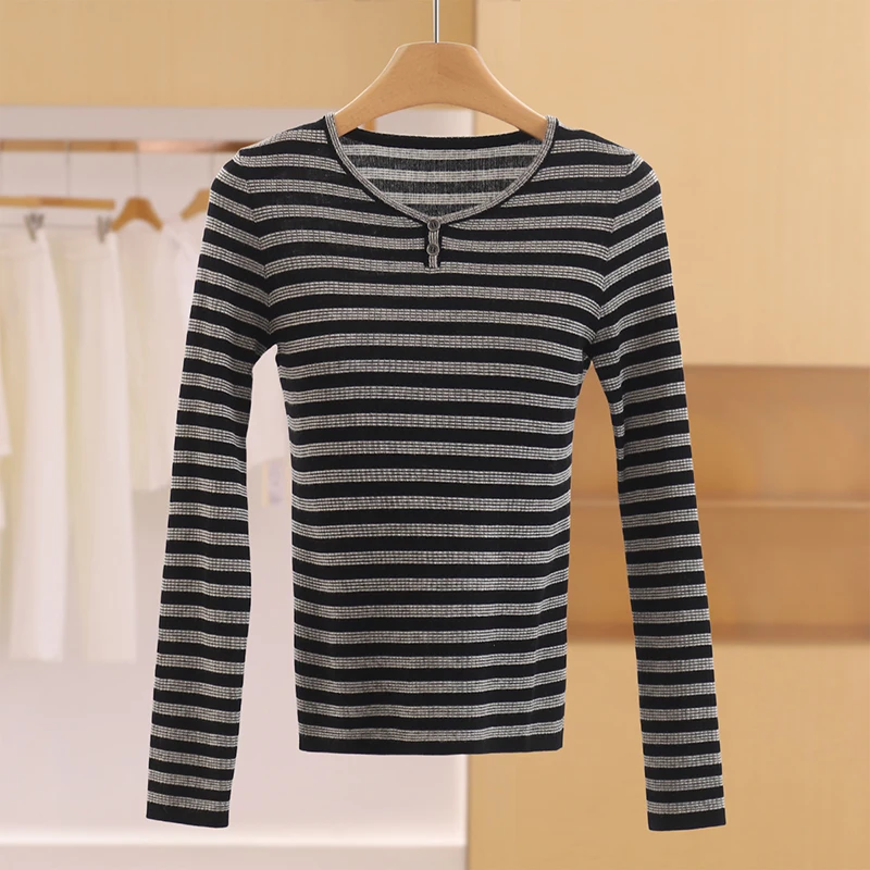 Ultra-Thin Wool Knitted Sweater Striped Slim Fit Women's Casual Style round Neck Long Sleeve Spring Fashionable Ensemble
Ultra-Thin Wool Knitted Sweater Striped Slim Fit Women's Casual Style round Neck Long Sleeve Spring Fashionable Ensemble