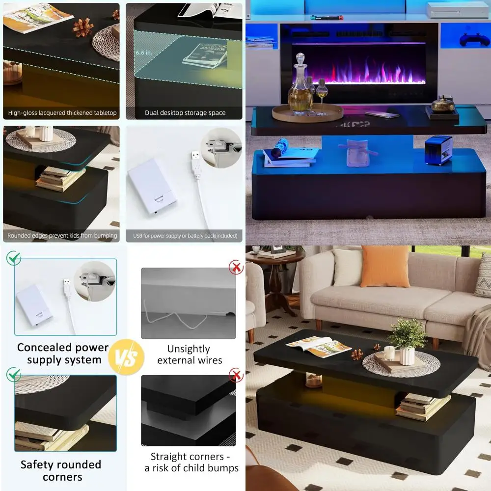 Modern Living Room Coffee Table, LED Illuminated with 16 Colors, High Gloss 2-Level Design, Hidden Power Supply
Modern Living Room Coffee Table, LED Illuminated with 16 Colors, High Gloss 2-Level Design, Hidden Power Supply