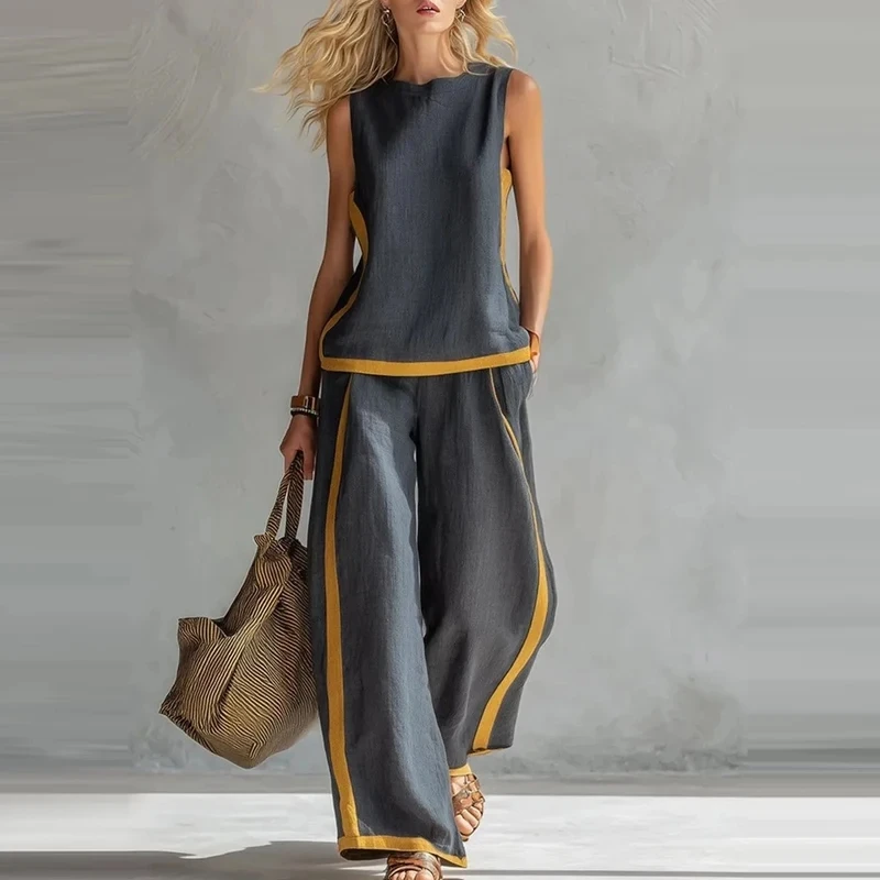 Summer New Simple Commute Two Piece Sets Vintage Color Blocked Sleeveless Tops&Pants Sets Casual Women's Loose Vacation Outfits
Summer New Simple Commute Two Piece Sets Vintage Color Blocked Sleeveless Tops&Pants Sets Casual Women's Loose Vacation Outfits