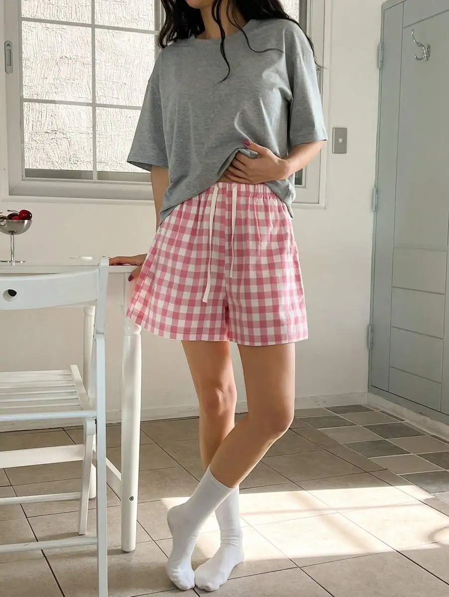 Women Cotton T-Shirt Top And Plaid Shorts Pajama Set
Women Cotton T-Shirt Top And Plaid Shorts Pajama Set