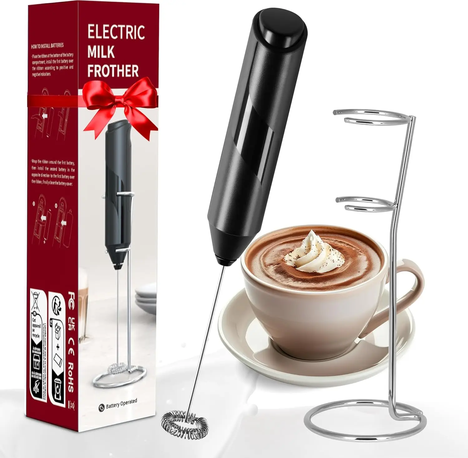 Electric Milk Frother Handheld with Stand, Battery Operated Whisk for Coffee, Latte, Matcha
Electric Milk Frother Handheld with Stand, Battery Operated Whisk for Coffee, Latte, Matcha