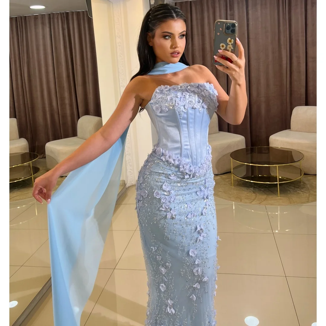 Blue Prom Dresses Strapless Glitter 3D Flowers robes de soirée Wedding Party Dress Customized Mermaid Pageant Gown فساتي
Blue Prom Dresses Strapless Glitter 3D Flowers robes de soirée Wedding Party Dress Customized Mermaid Pageant Gown فساتي