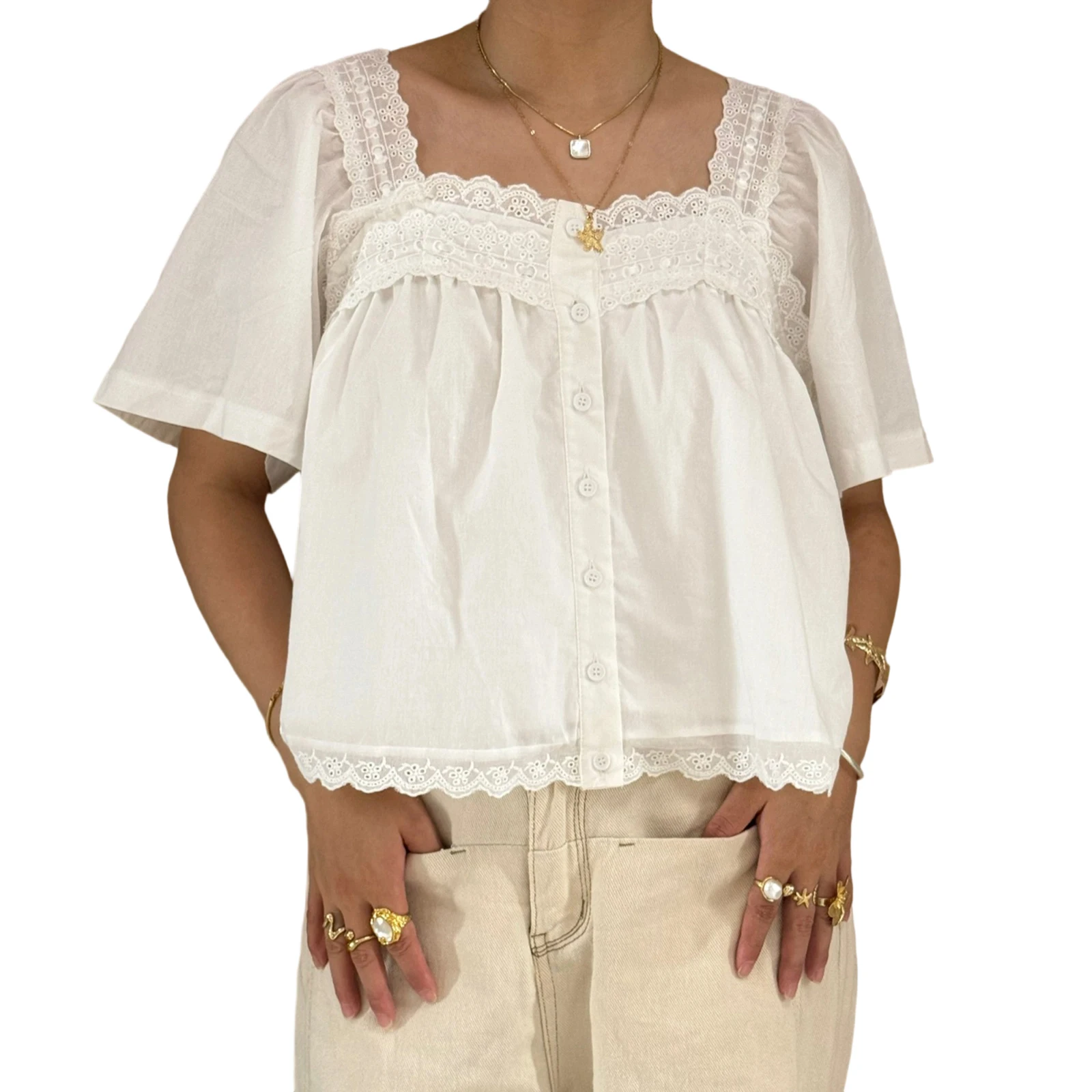 Women s Summer Lace Trim Tops Short Sleeve Square Neck Button Up Babydoll T-shirt
Women s Summer Lace Trim Tops Short Sleeve Square Neck Button Up Babydoll T-shirt
