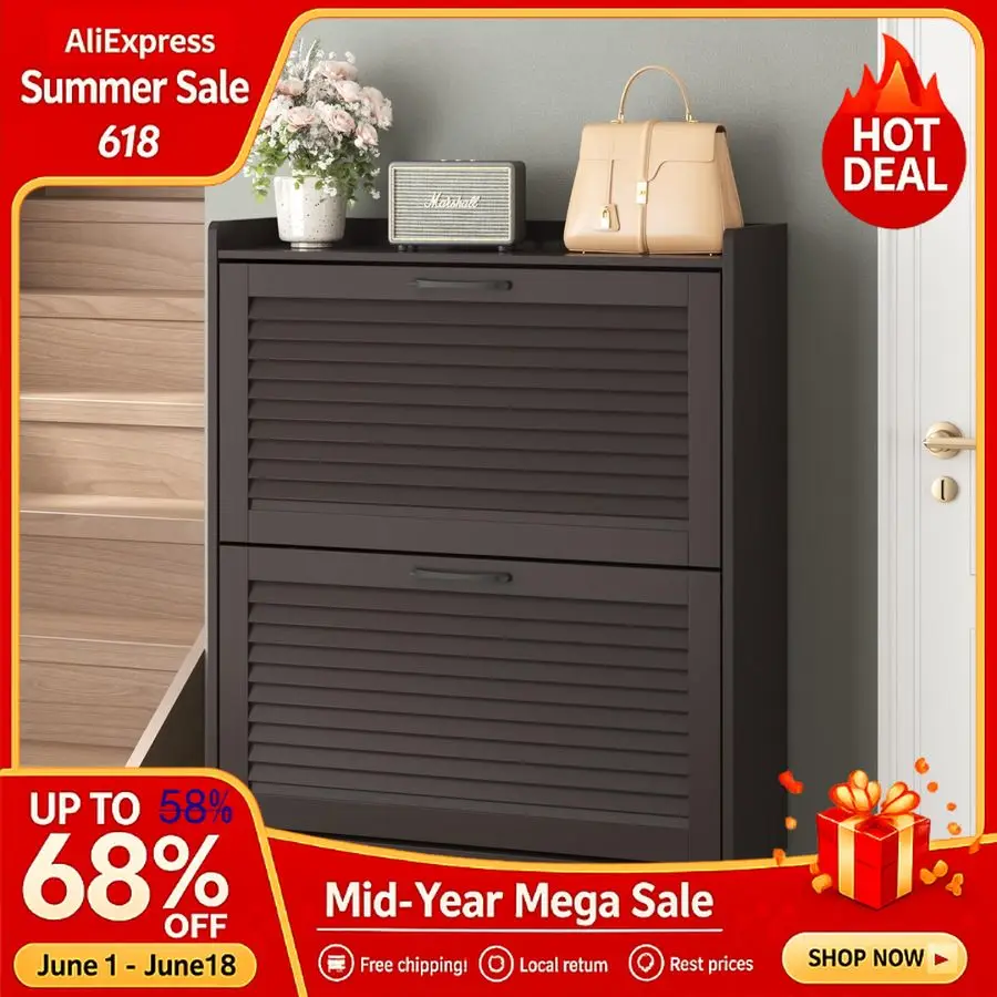 Shoe Storage Cabinet with 2 Flip Louvered Doors, Freestanding Organizer with Metal Legs, Shoe Cabinet for Entryway, Customizable
Shoe Storage Cabinet with 2 Flip Louvered Doors, Freestanding Organizer with Metal Legs, Shoe Cabinet for Entryway, Customizable