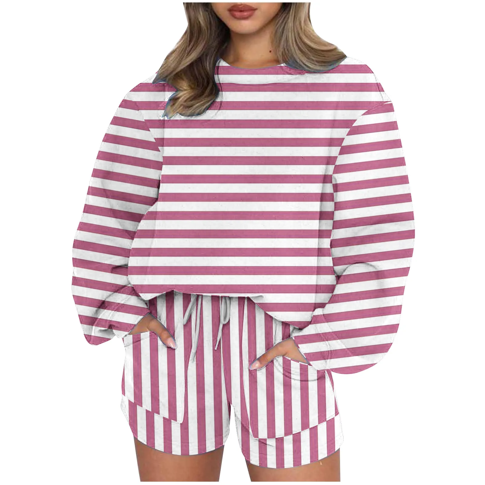 Simple Striped Print Sporty Style Two Piece Set Women Pullover Sweatshirt Pocket Drawstring Shorts 2 Piece Sets Lady Autumn New
Simple Striped Print Sporty Style Two Piece Set Women Pullover Sweatshirt Pocket Drawstring Shorts 2 Piece Sets Lady Autumn New
